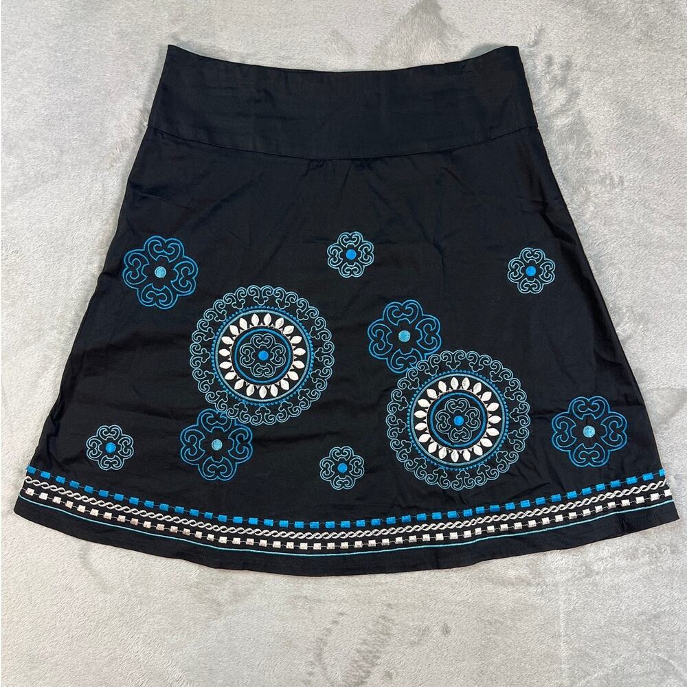 Black Embroidered Boho Mini Skirt Womens Size 3 Medium Blue Folk Whimsy Goth - Picture 3 of 7
